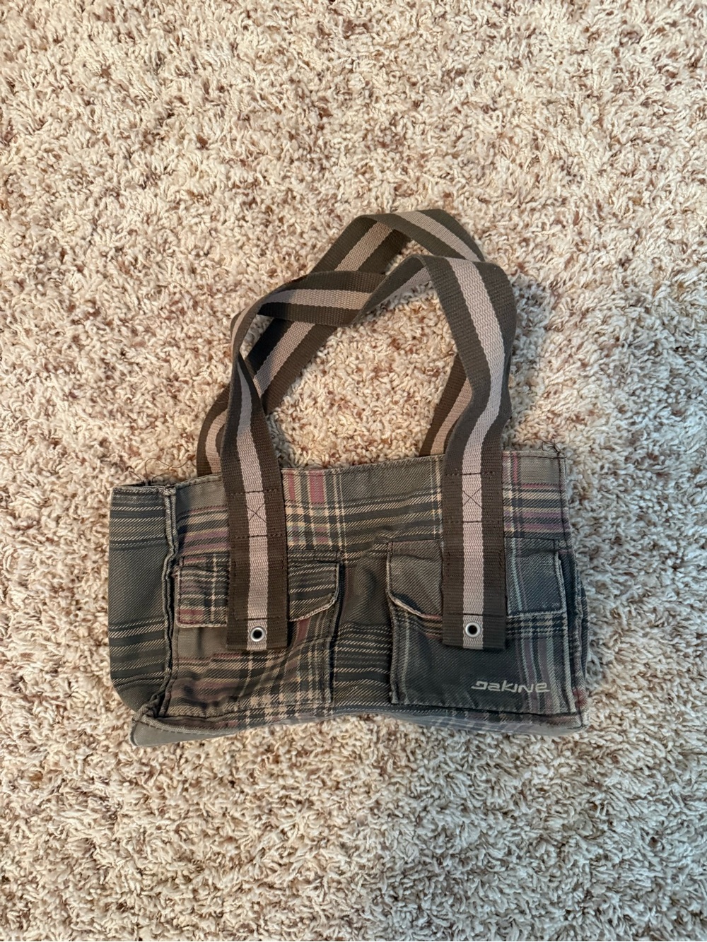 Dakine Gray Plaid Canvas Messenger Tote with Striped Straps